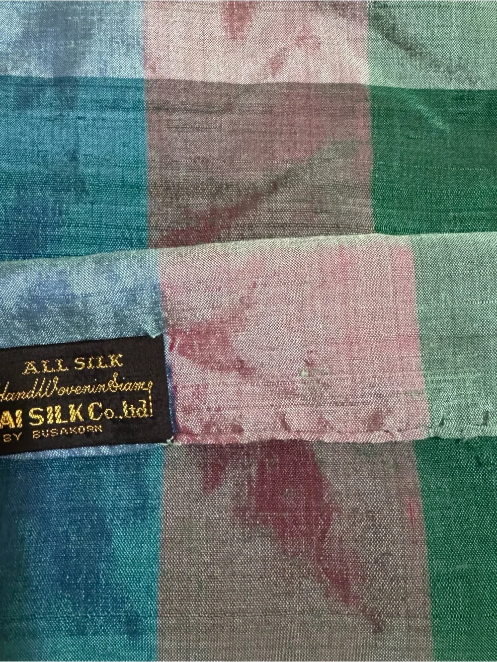 Thai Silk Co 100% Silk Plaid Scarf with Green and Teal Blocks